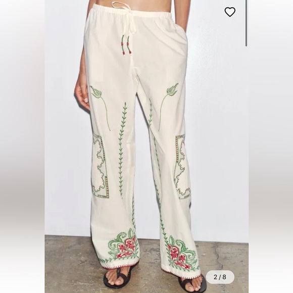 Zara Pants - Zara Cream Drawstring Wide-Leg Pants with Green & Red Embroidery
